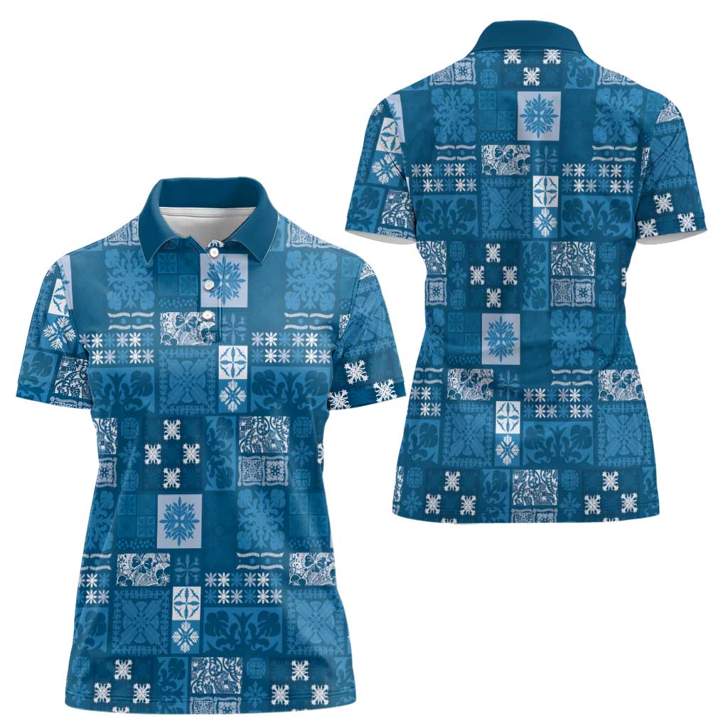 Vintage Hawaiian Quilting Patterns Women Polo Shirt Blue Style Tribal Fabric Patchwork - Polynesian Pride