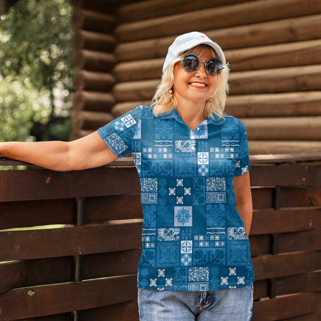 Vintage Hawaiian Quilting Patterns Women Polo Shirt Blue Style Tribal Fabric Patchwork - Polynesian Pride