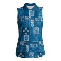 Vintage Hawaiian Quilting Patterns Women Sleeveless Polo Shirt Blue Style Tribal Fabric Patchwork - Polynesian Pride