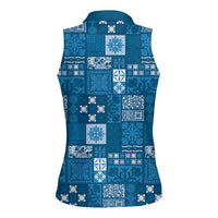 Vintage Hawaiian Quilting Patterns Women Sleeveless Polo Shirt Blue Style Tribal Fabric Patchwork - Polynesian Pride