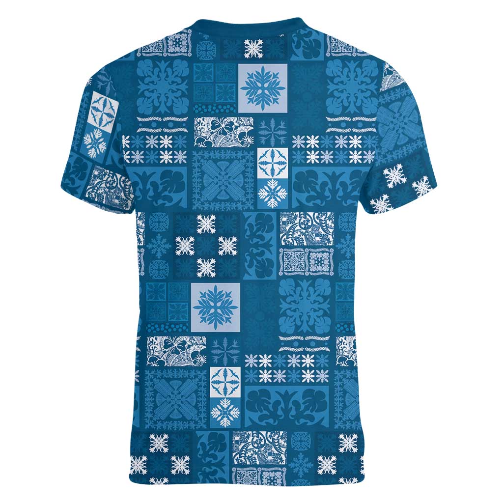 Vintage Hawaiian Quilting Patterns Women V-Neck T-Shirt Blue Style Tribal Fabric Patchwork - Polynesian Pride