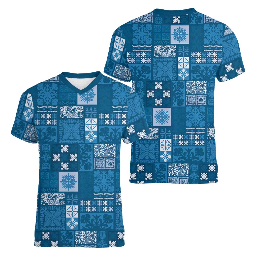 Vintage Hawaiian Quilting Patterns Women V-Neck T-Shirt Blue Style Tribal Fabric Patchwork - Polynesian Pride