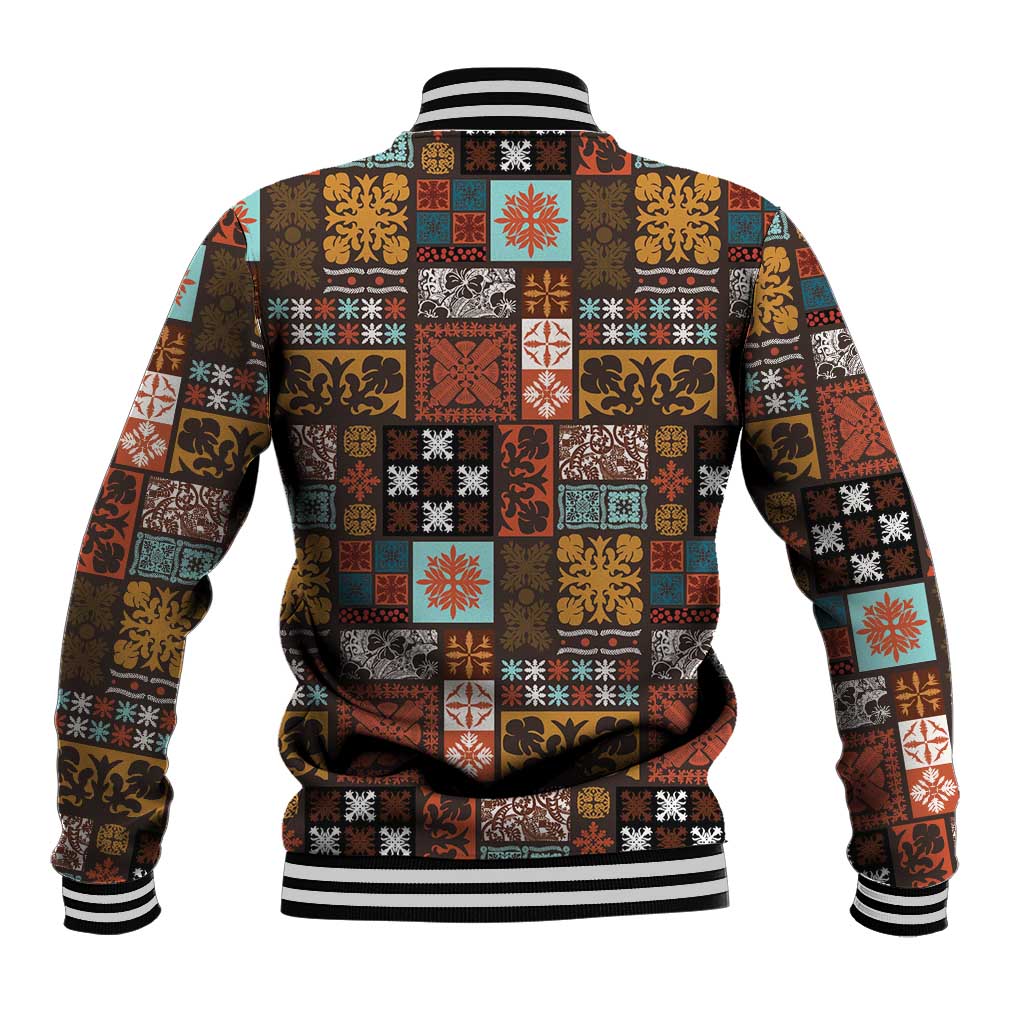 Vintage Hawaiian Quilting Patterns Baseball Jacket Brown Style Tribal Fabric Patchwork - Polynesian Pride