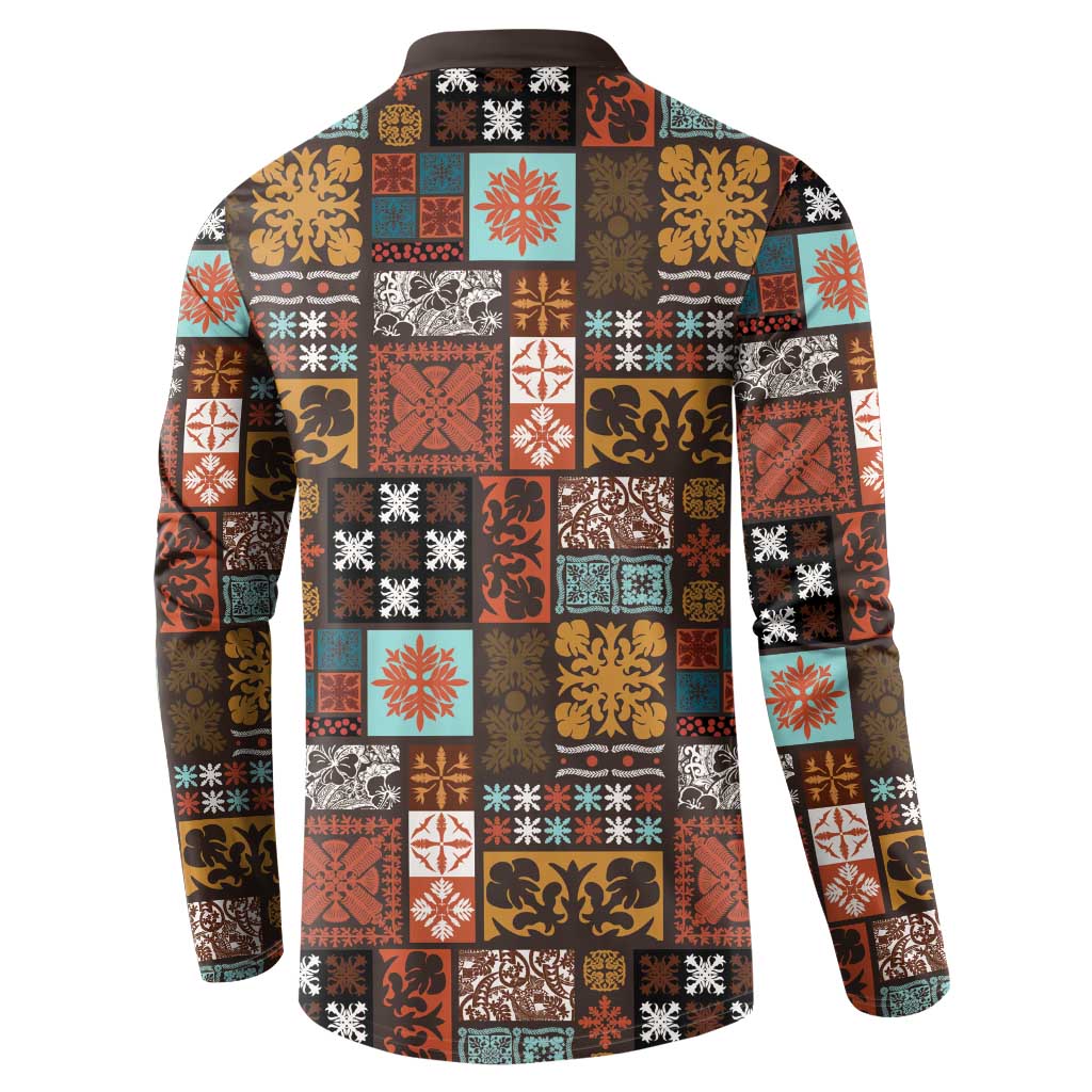 Vintage Hawaiian Quilting Patterns Button Sweatshirt Brown Style Tribal Fabric Patchwork - Polynesian Pride