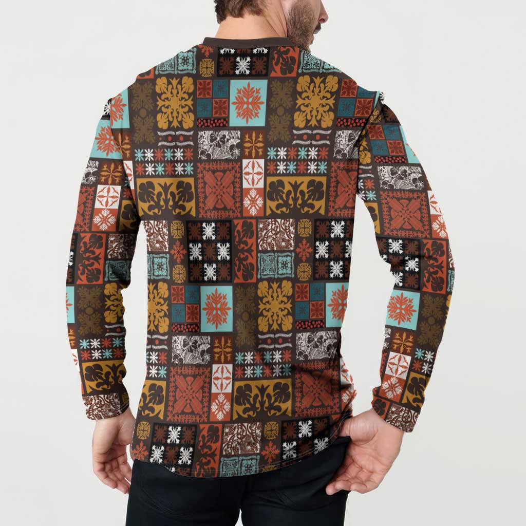 Vintage Hawaiian Quilting Patterns Button Sweatshirt Brown Style Tribal Fabric Patchwork - Polynesian Pride