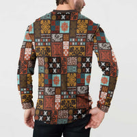 Vintage Hawaiian Quilting Patterns Button Sweatshirt Brown Style Tribal Fabric Patchwork - Polynesian Pride