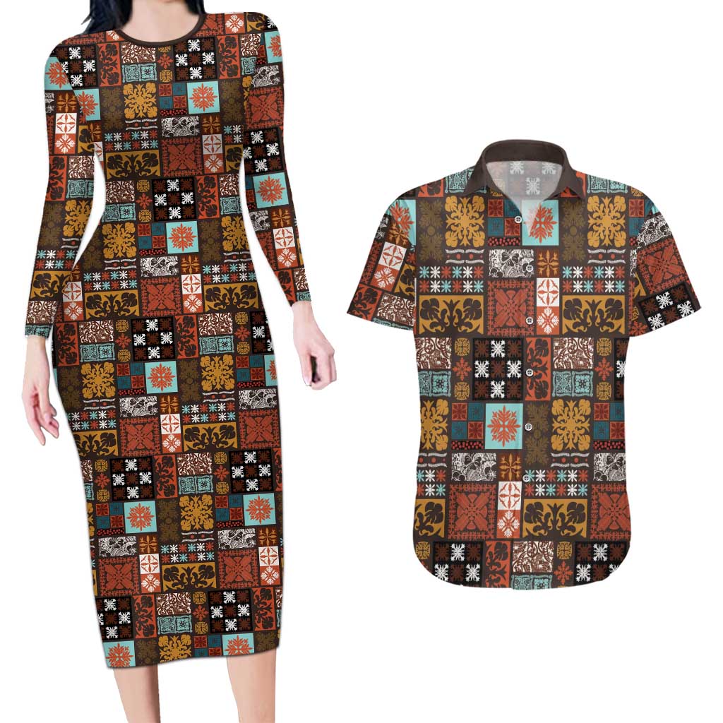 Vintage Hawaiian Quilting Patterns Couples Matching Long Sleeve Bodycon Dress and Hawaiian Shirt Brown Style Tribal Fabric Patchwork - Polynesian Pride