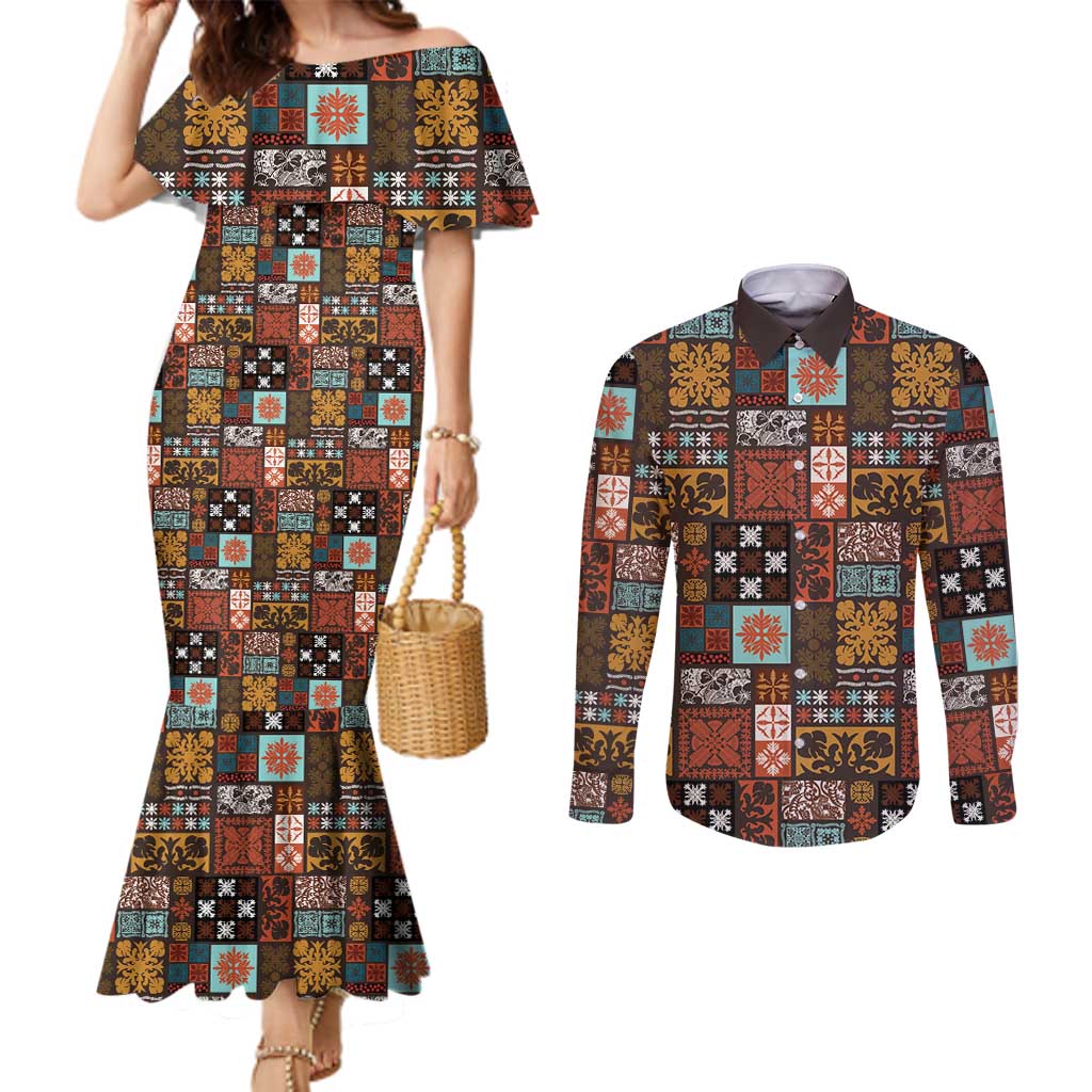 Vintage Hawaiian Quilting Patterns Couples Matching Mermaid Dress and Long Sleeve Button Shirt Brown Style Tribal Fabric Patchwork - Polynesian Pride