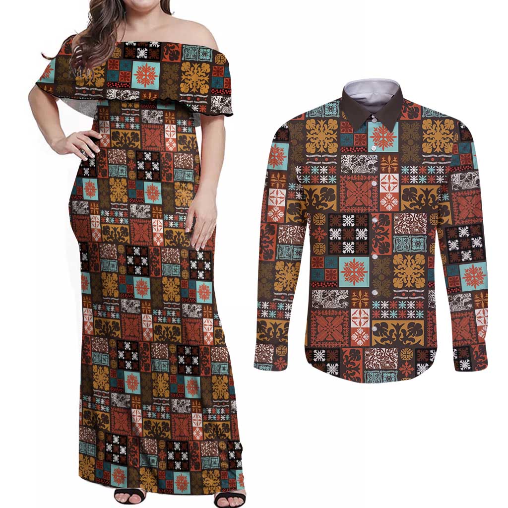 Vintage Hawaiian Quilting Patterns Couples Matching Off Shoulder Maxi Dress and Long Sleeve Button Shirt Brown Style Tribal Fabric Patchwork - Polynesian Pride