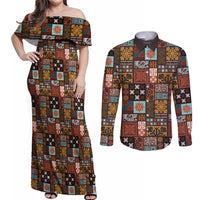 Vintage Hawaiian Quilting Patterns Couples Matching Off Shoulder Maxi Dress and Long Sleeve Button Shirt Brown Style Tribal Fabric Patchwork - Polynesian Pride