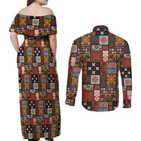 Vintage Hawaiian Quilting Patterns Couples Matching Off Shoulder Maxi Dress and Long Sleeve Button Shirt Brown Style Tribal Fabric Patchwork - Polynesian Pride