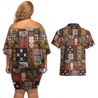 Vintage Hawaiian Quilting Patterns Couples Matching Off Shoulder Short Dress and Hawaiian Shirt Brown Style Tribal Fabric Patchwork - Polynesian Pride