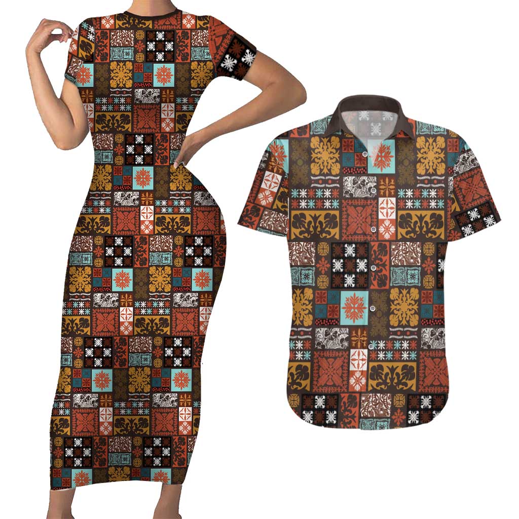 Vintage Hawaiian Quilting Patterns Couples Matching Short Sleeve Bodycon Dress and Hawaiian Shirt Brown Style Tribal Fabric Patchwork - Polynesian Pride