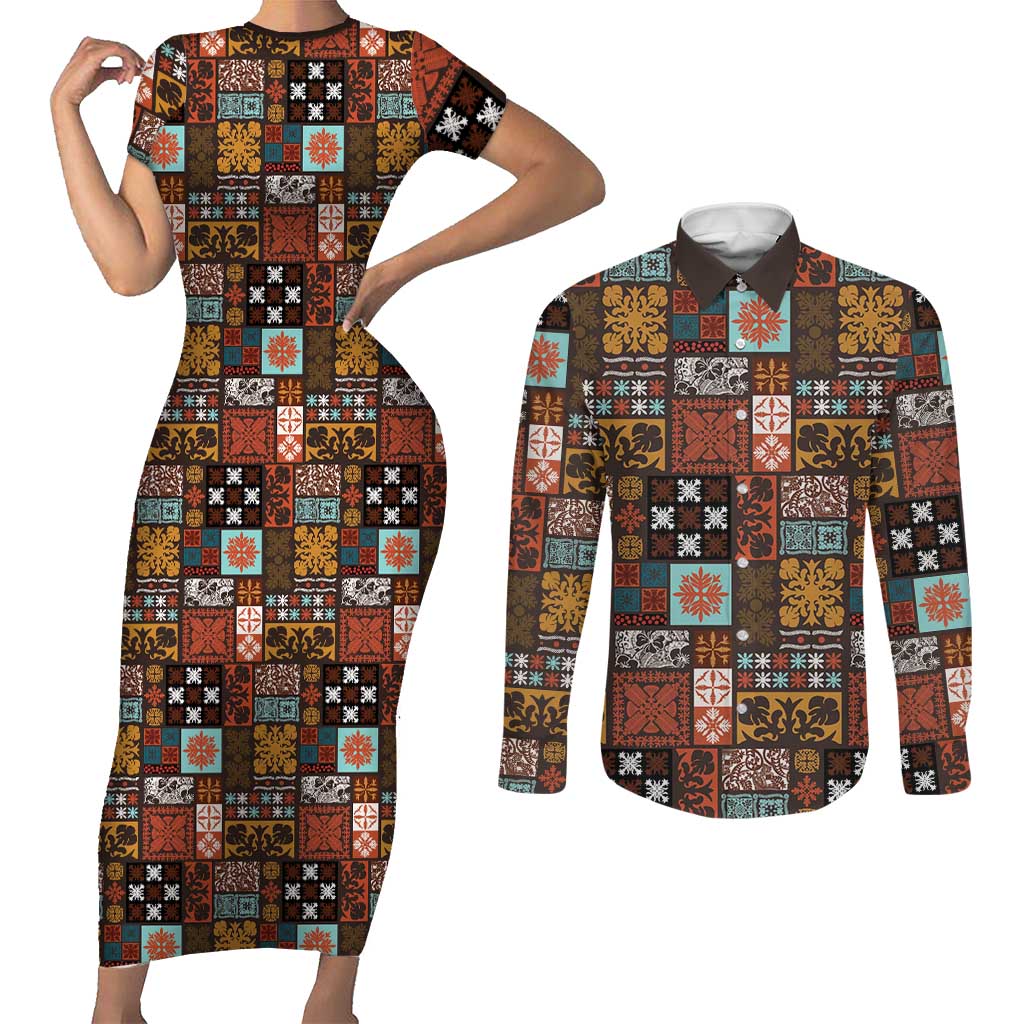 Vintage Hawaiian Quilting Patterns Couples Matching Short Sleeve Bodycon Dress and Long Sleeve Button Shirt Brown Style Tribal Fabric Patchwork - Polynesian Pride