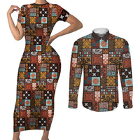 Vintage Hawaiian Quilting Patterns Couples Matching Short Sleeve Bodycon Dress and Long Sleeve Button Shirt Brown Style Tribal Fabric Patchwork - Polynesian Pride