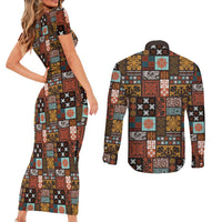 Vintage Hawaiian Quilting Patterns Couples Matching Short Sleeve Bodycon Dress and Long Sleeve Button Shirt Brown Style Tribal Fabric Patchwork - Polynesian Pride