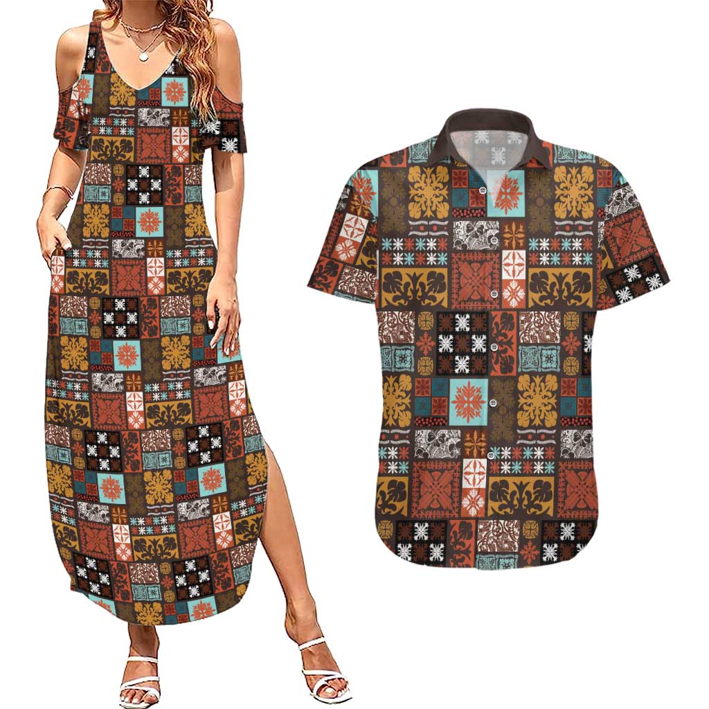 Vintage Hawaiian Quilting Patterns Couples Matching Summer Maxi Dress and Hawaiian Shirt Brown Style Tribal Fabric Patchwork - Polynesian Pride