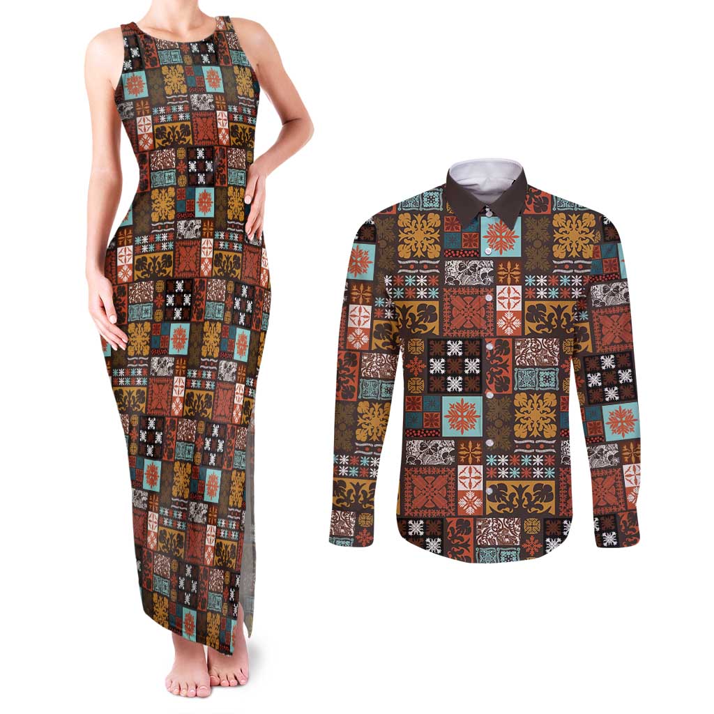 Vintage Hawaiian Quilting Patterns Couples Matching Tank Maxi Dress and Long Sleeve Button Shirt Brown Style Tribal Fabric Patchwork - Polynesian Pride