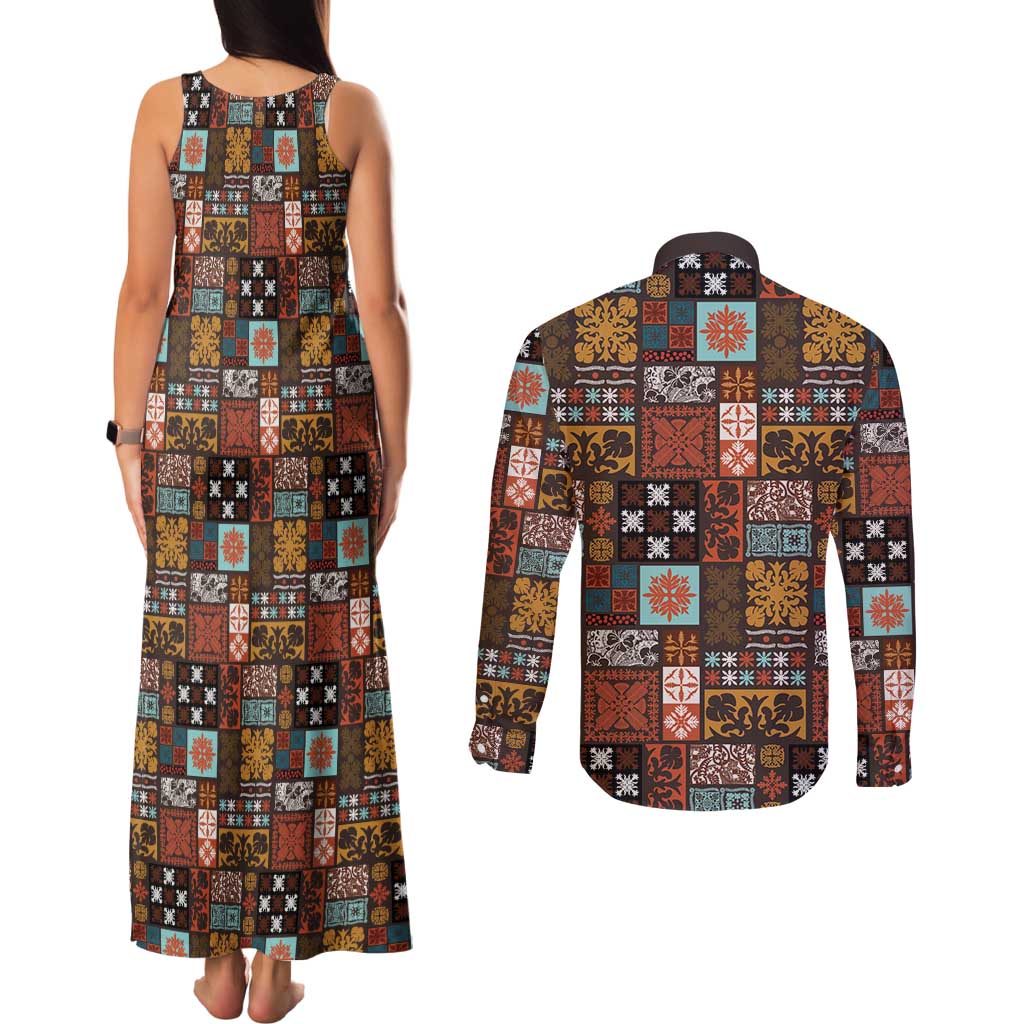 Vintage Hawaiian Quilting Patterns Couples Matching Tank Maxi Dress and Long Sleeve Button Shirt Brown Style Tribal Fabric Patchwork - Polynesian Pride