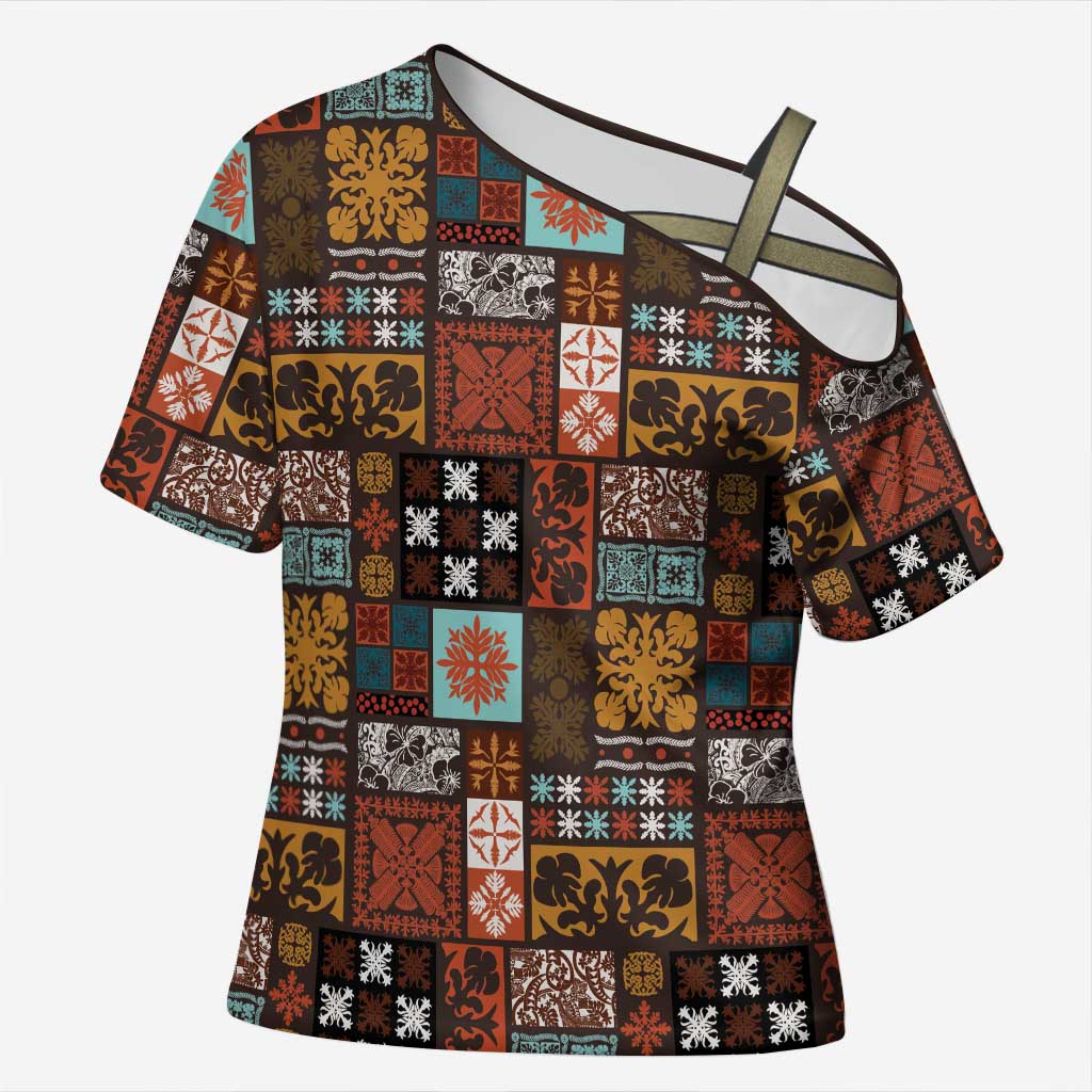 Vintage Hawaiian Quilting Patterns Cross Shoulder Shirt Brown Style Tribal Fabric Patchwork - Polynesian Pride