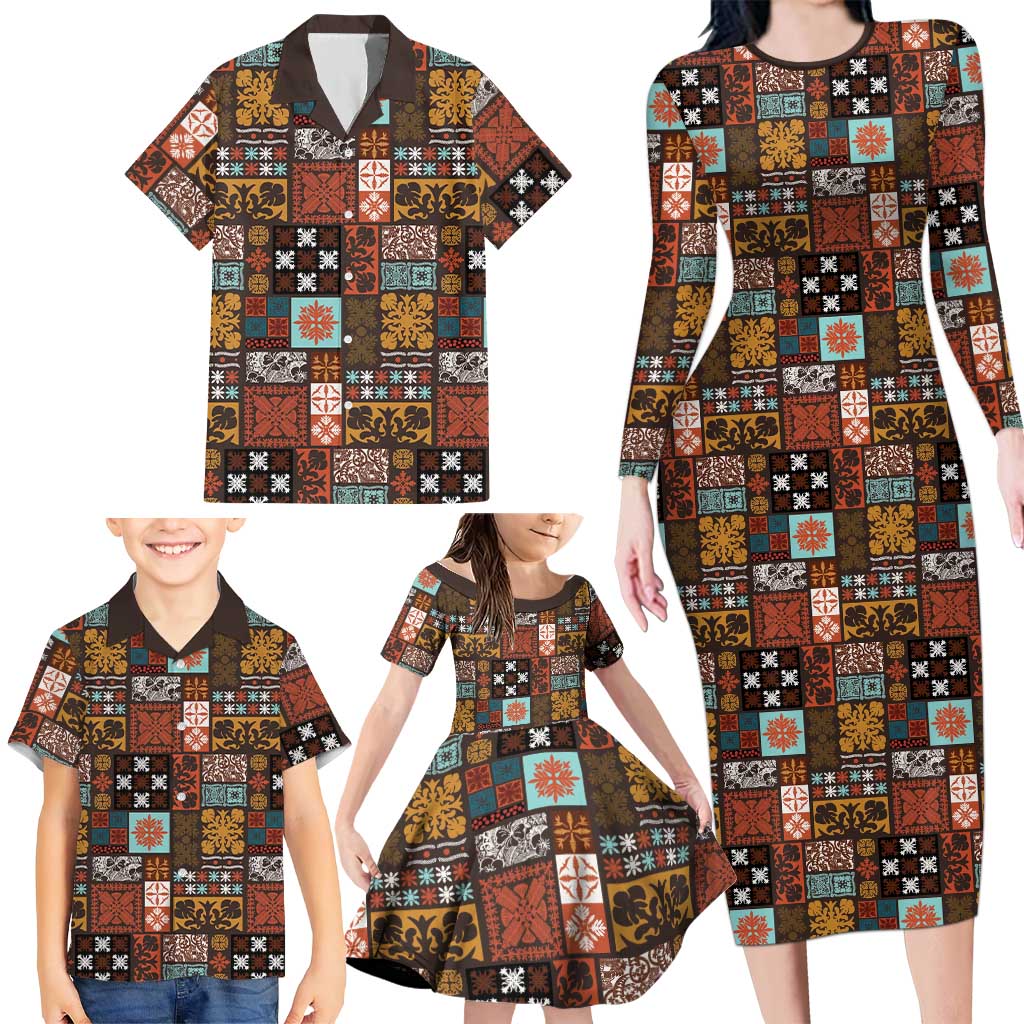 Vintage Hawaiian Quilting Patterns Family Matching Long Sleeve Bodycon Dress and Hawaiian Shirt Brown Style Tribal Fabric Patchwork - Polynesian Pride