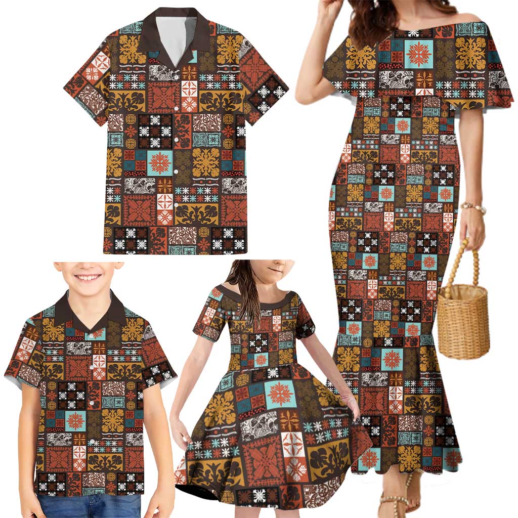 Vintage Hawaiian Quilting Patterns Family Matching Mermaid Dress and Hawaiian Shirt Brown Style Tribal Fabric Patchwork - Polynesian Pride