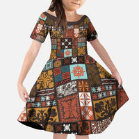 Vintage Hawaiian Quilting Patterns Family Matching Off The Shoulder Long Sleeve Dress and Hawaiian Shirt Brown Style Tribal Fabric Patchwork - Polynesian Pride