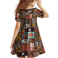 Vintage Hawaiian Quilting Patterns Family Matching Off The Shoulder Long Sleeve Dress and Hawaiian Shirt Brown Style Tribal Fabric Patchwork - Polynesian Pride