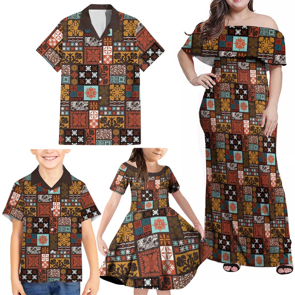 Vintage Hawaiian Quilting Patterns Family Matching Off Shoulder Maxi Dress and Hawaiian Shirt Brown Style Tribal Fabric Patchwork - Polynesian Pride