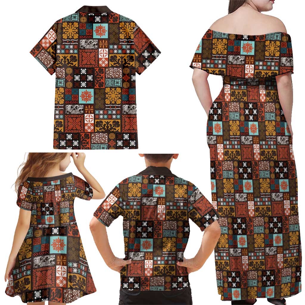 Vintage Hawaiian Quilting Patterns Family Matching Off Shoulder Maxi Dress and Hawaiian Shirt Brown Style Tribal Fabric Patchwork - Polynesian Pride