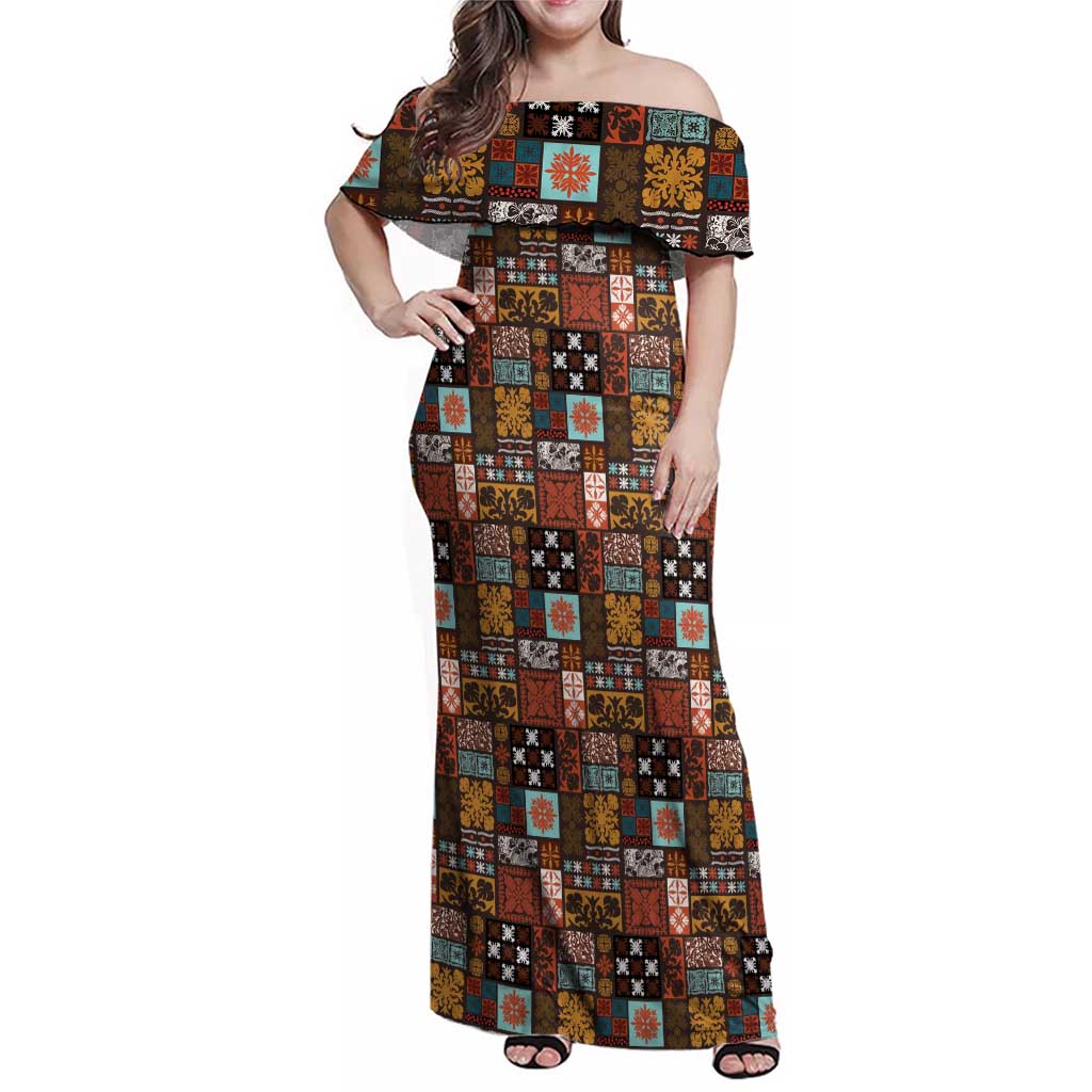 Vintage Hawaiian Quilting Patterns Family Matching Off Shoulder Maxi Dress and Hawaiian Shirt Brown Style Tribal Fabric Patchwork - Polynesian Pride