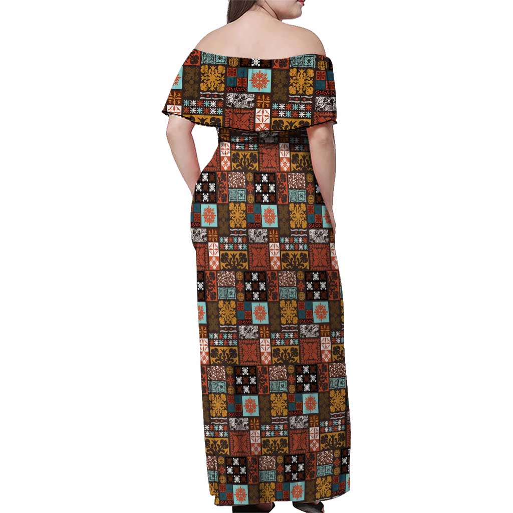 Vintage Hawaiian Quilting Patterns Family Matching Off Shoulder Maxi Dress and Hawaiian Shirt Brown Style Tribal Fabric Patchwork - Polynesian Pride
