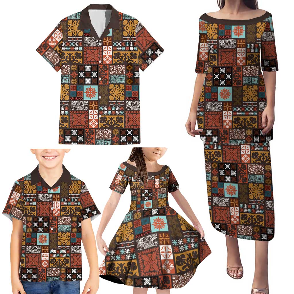 Vintage Hawaiian Quilting Patterns Family Matching Puletasi and Hawaiian Shirt Brown Style Tribal Fabric Patchwork - Polynesian Pride