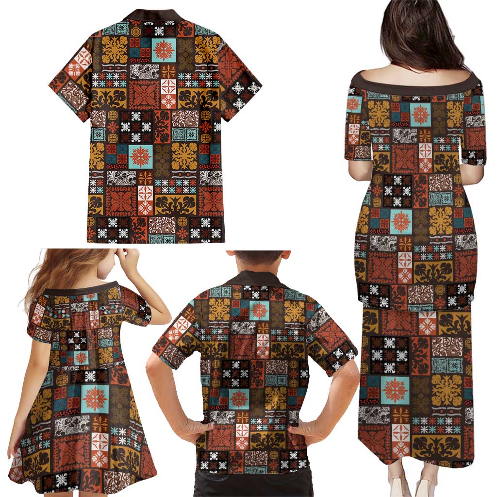 Vintage Hawaiian Quilting Patterns Family Matching Puletasi and Hawaiian Shirt Brown Style Tribal Fabric Patchwork - Polynesian Pride