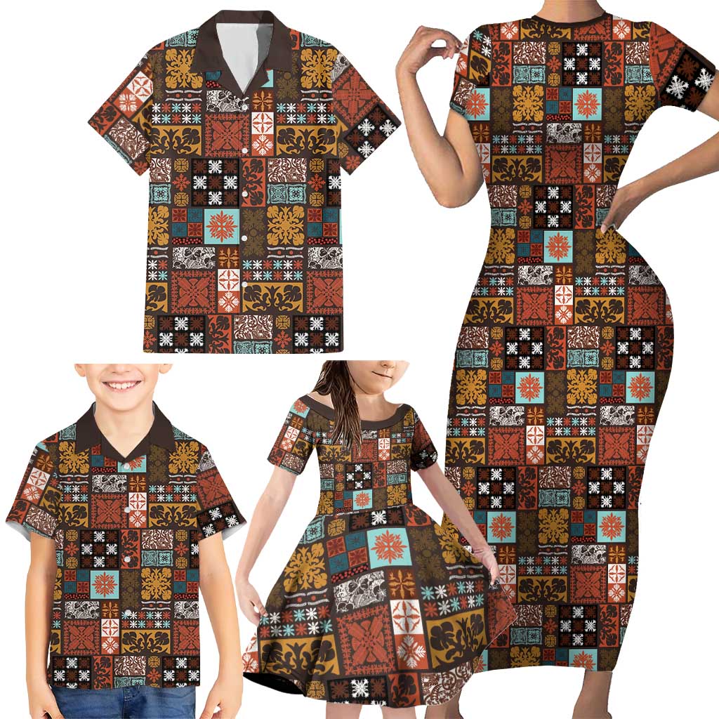 Vintage Hawaiian Quilting Patterns Family Matching Short Sleeve Bodycon Dress and Hawaiian Shirt Brown Style Tribal Fabric Patchwork - Polynesian Pride