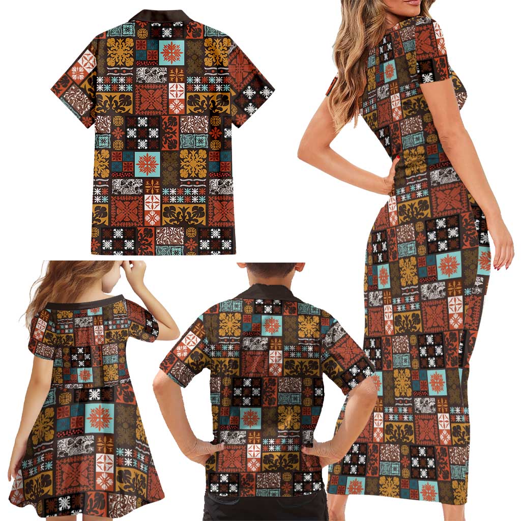 Vintage Hawaiian Quilting Patterns Family Matching Short Sleeve Bodycon Dress and Hawaiian Shirt Brown Style Tribal Fabric Patchwork - Polynesian Pride
