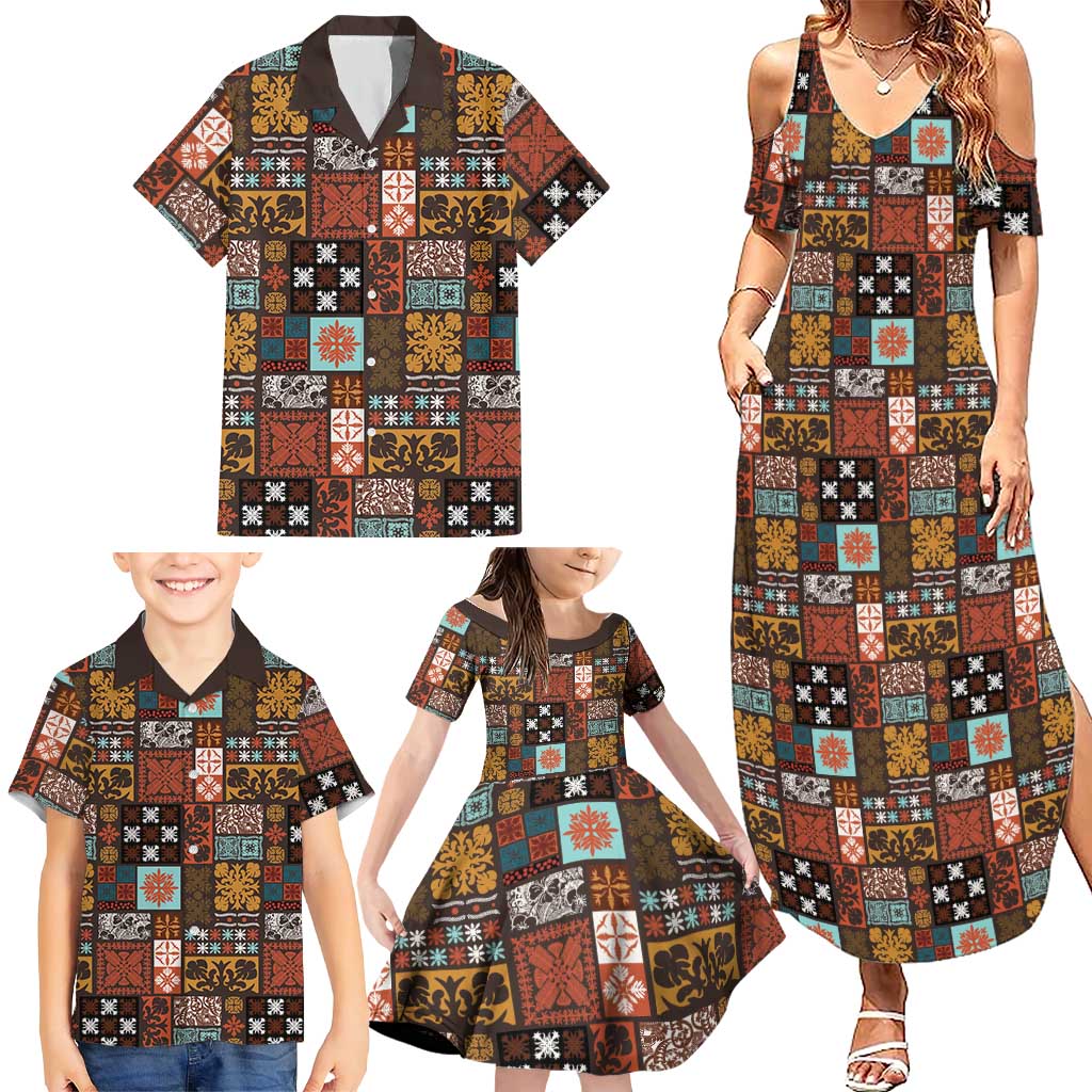 Vintage Hawaiian Quilting Patterns Family Matching Summer Maxi Dress and Hawaiian Shirt Brown Style Tribal Fabric Patchwork - Polynesian Pride