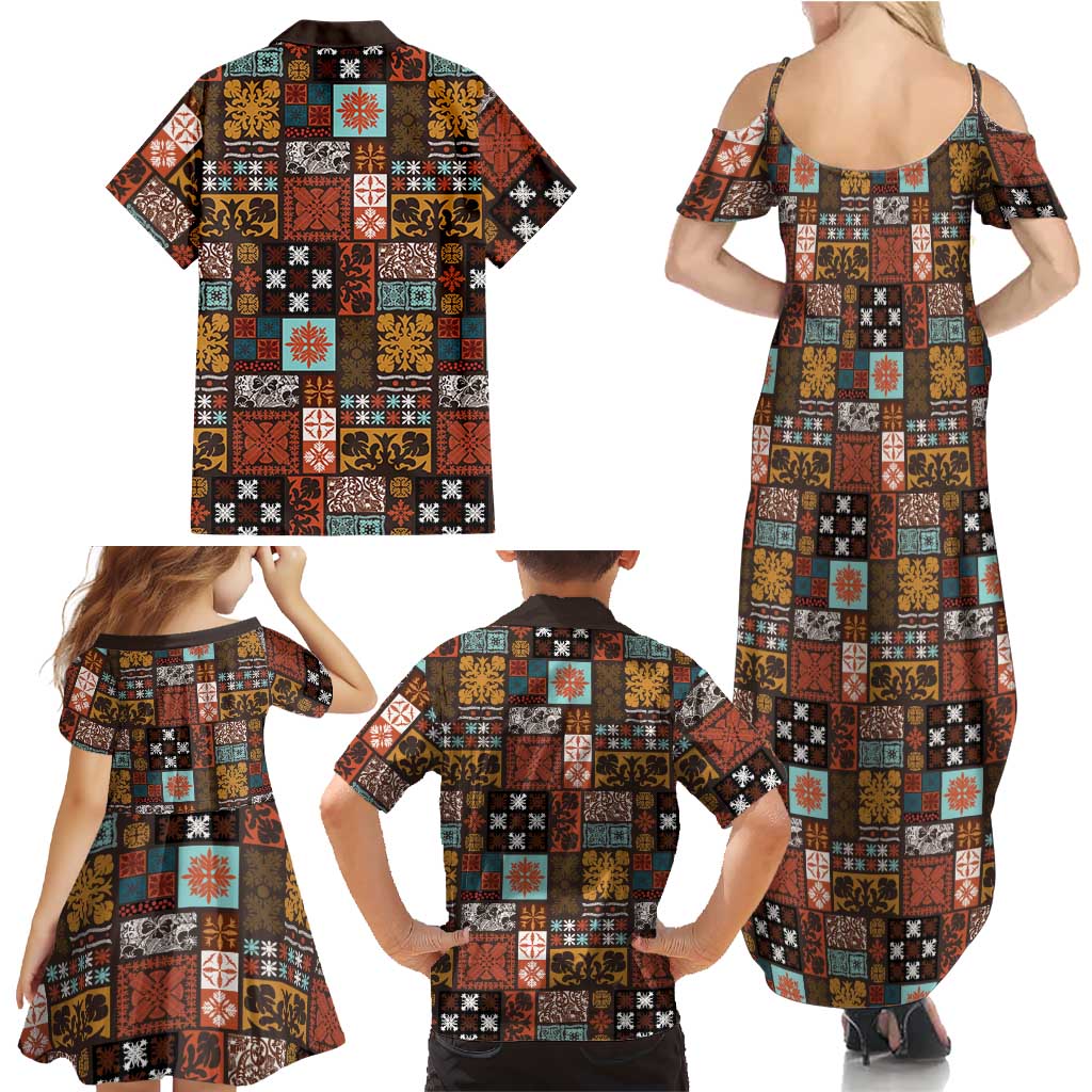 Vintage Hawaiian Quilting Patterns Family Matching Summer Maxi Dress and Hawaiian Shirt Brown Style Tribal Fabric Patchwork - Polynesian Pride