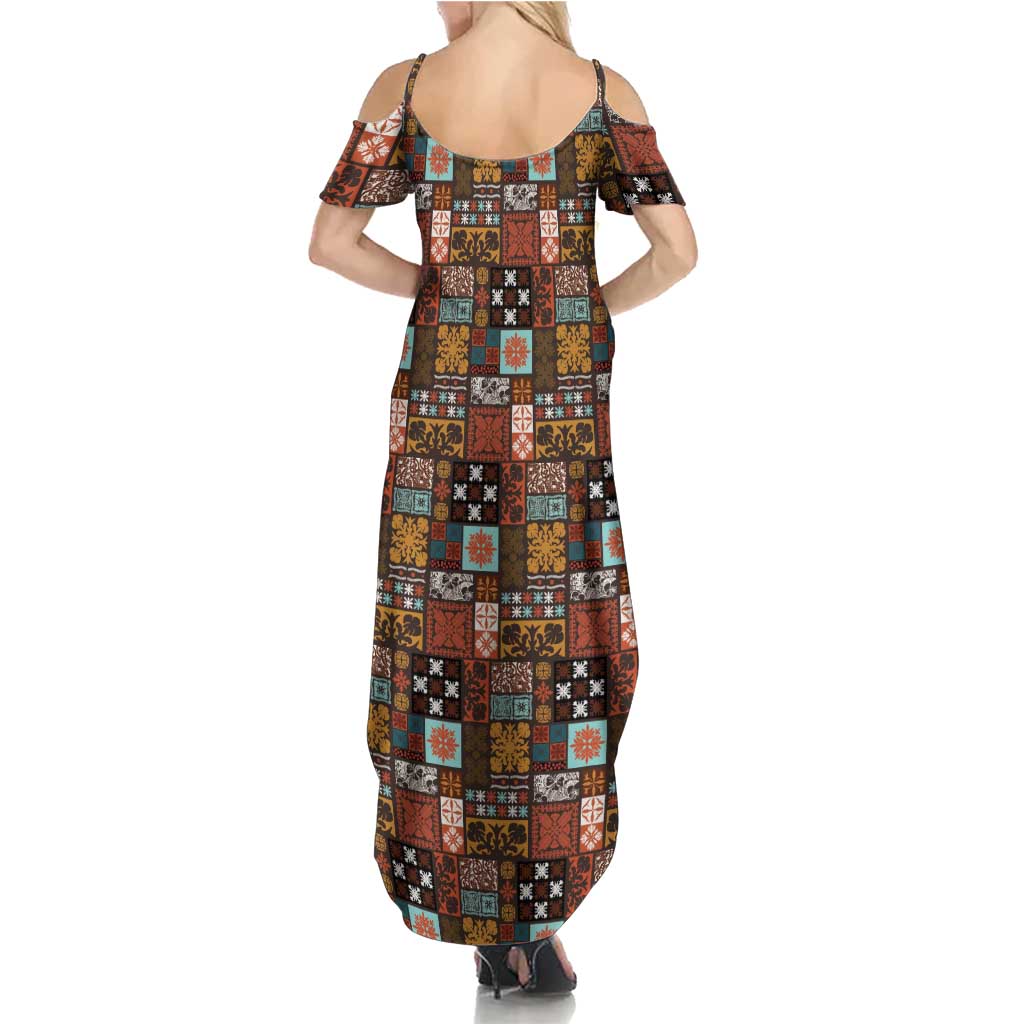 Vintage Hawaiian Quilting Patterns Family Matching Summer Maxi Dress and Hawaiian Shirt Brown Style Tribal Fabric Patchwork - Polynesian Pride