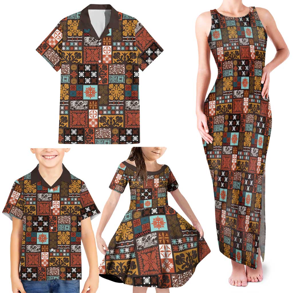 Vintage Hawaiian Quilting Patterns Family Matching Tank Maxi Dress and Hawaiian Shirt Brown Style Tribal Fabric Patchwork - Polynesian Pride