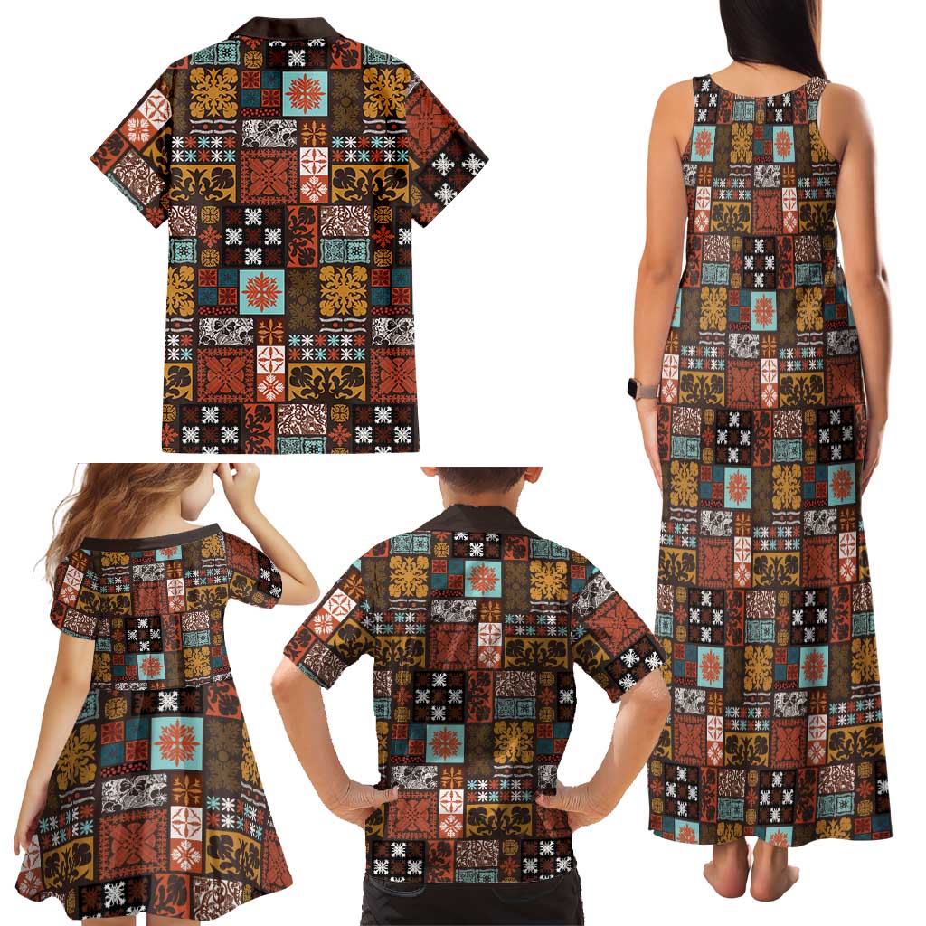 Vintage Hawaiian Quilting Patterns Family Matching Tank Maxi Dress and Hawaiian Shirt Brown Style Tribal Fabric Patchwork - Polynesian Pride