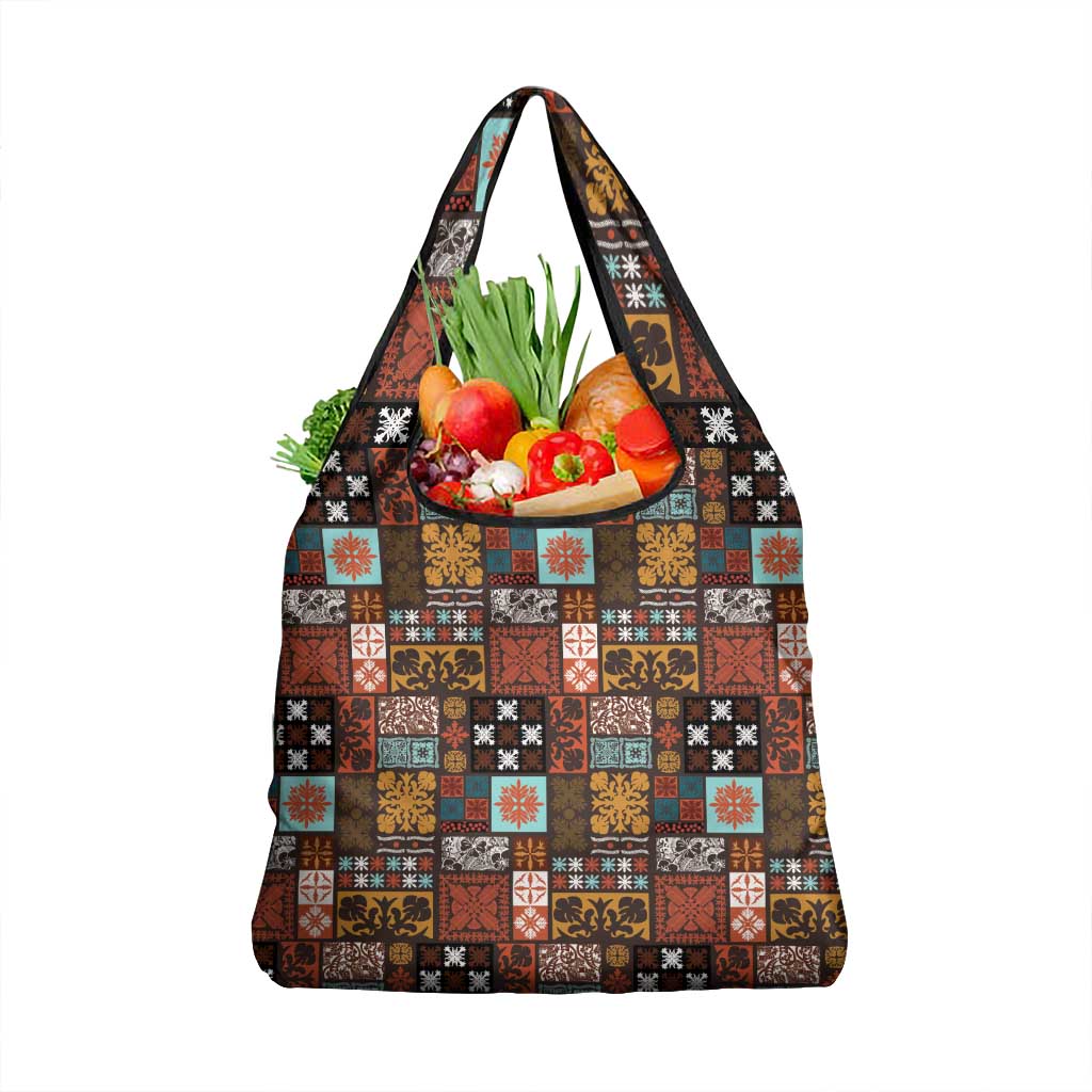 Vintage Hawaiian Quilting Patterns Grocery Bag Brown Style Tribal Fabric Patchwork - Polynesian Pride