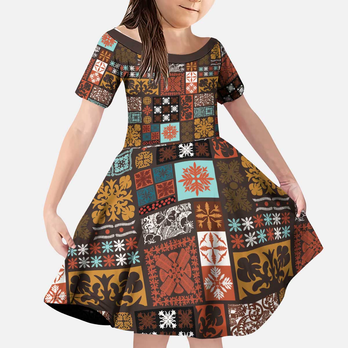 Vintage Hawaiian Quilting Patterns Kid Short Sleeve Dress Brown Style Tribal Fabric Patchwork - Polynesian Pride
