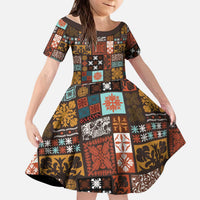 Vintage Hawaiian Quilting Patterns Kid Short Sleeve Dress Brown Style Tribal Fabric Patchwork - Polynesian Pride