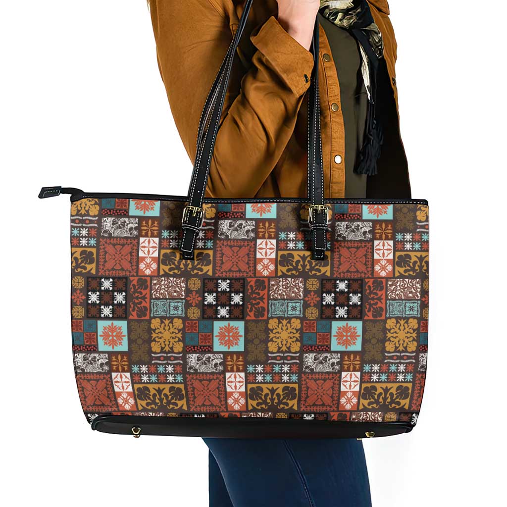 Vintage Hawaiian Quilting Patterns Leather Tote Bag Brown Style Tribal Fabric Patchwork - Polynesian Pride
