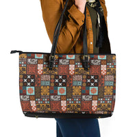 Vintage Hawaiian Quilting Patterns Leather Tote Bag Brown Style Tribal Fabric Patchwork - Polynesian Pride