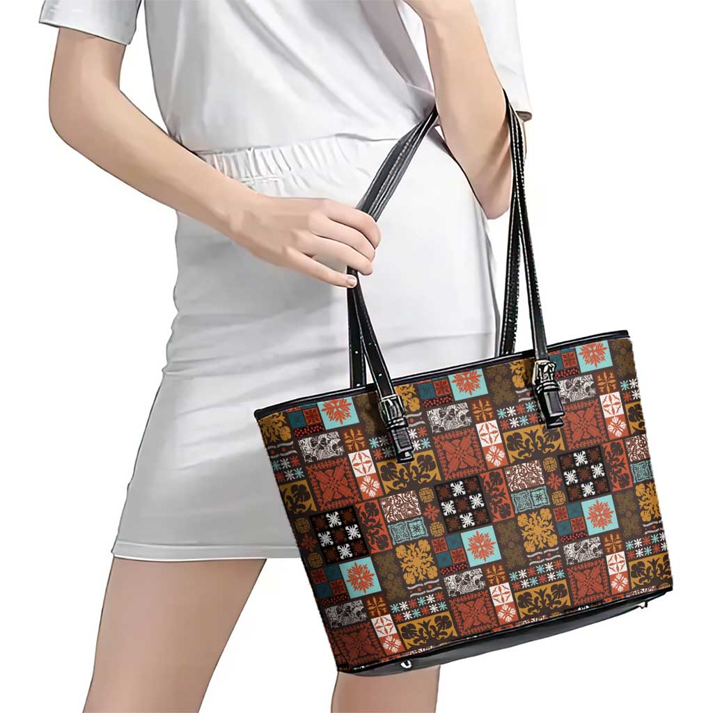 Vintage Hawaiian Quilting Patterns Leather Tote Bag Brown Style Tribal Fabric Patchwork - Polynesian Pride