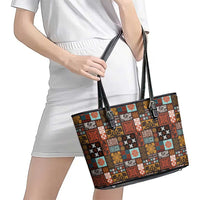 Vintage Hawaiian Quilting Patterns Leather Tote Bag Brown Style Tribal Fabric Patchwork - Polynesian Pride
