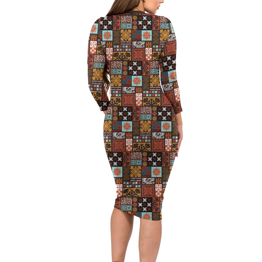 Vintage Hawaiian Quilting Patterns Long Sleeve Bodycon Dress Brown Style Tribal Fabric Patchwork - Polynesian Pride