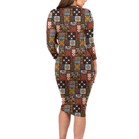 Vintage Hawaiian Quilting Patterns Long Sleeve Bodycon Dress Brown Style Tribal Fabric Patchwork - Polynesian Pride